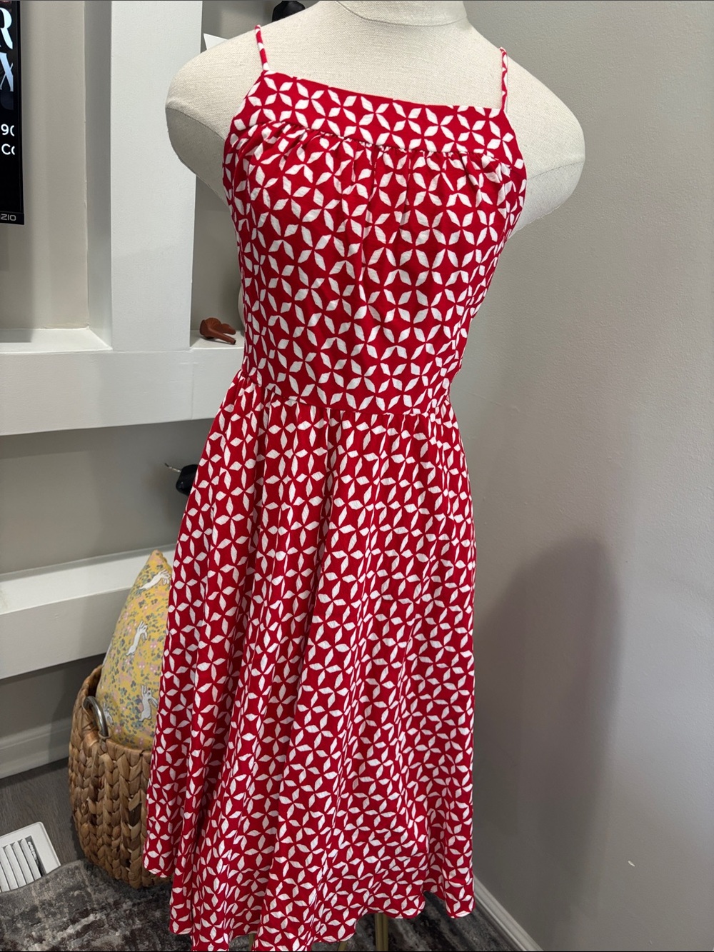 LOFT Red and White Geometric Spaghetti-Strap Midi Dress